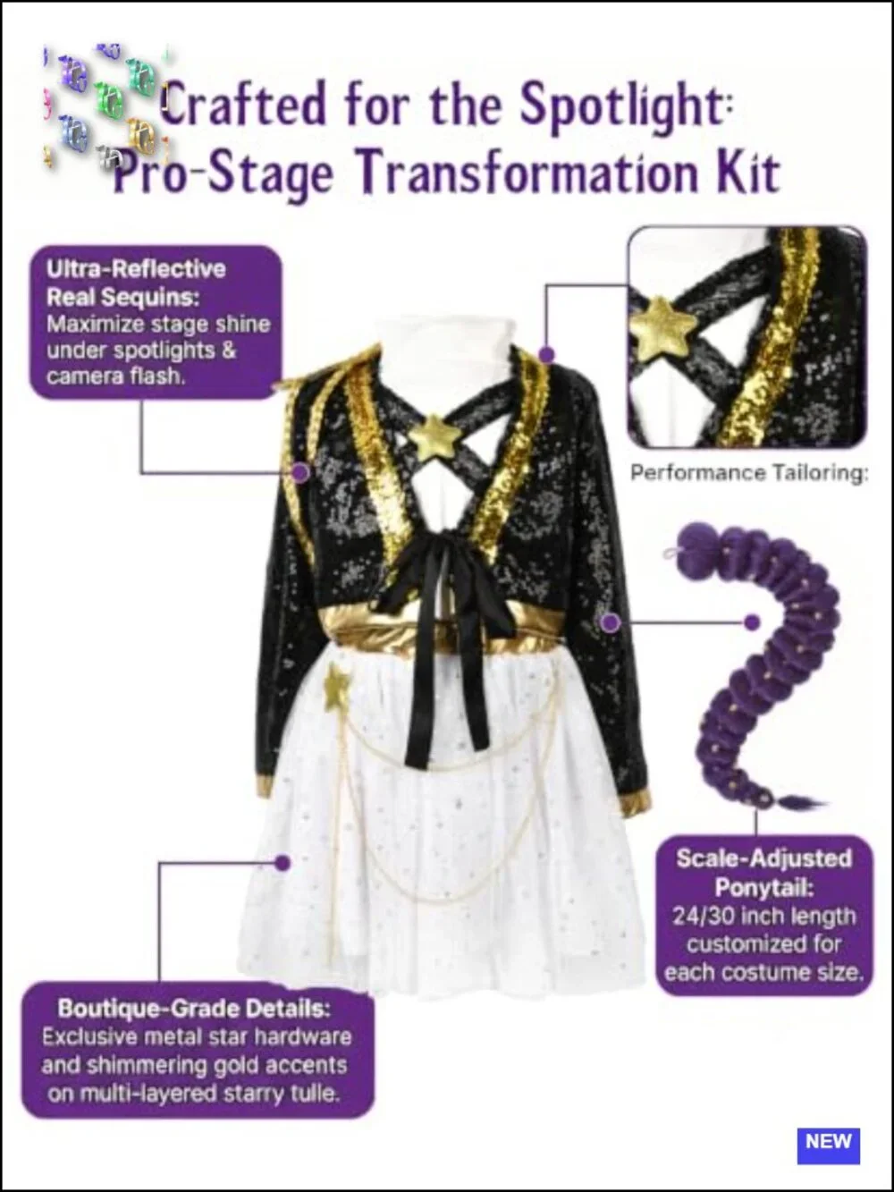 Girls Pop Singer Halloween Costume Sequin Jacket Tulle Skirt 6-Piece Set